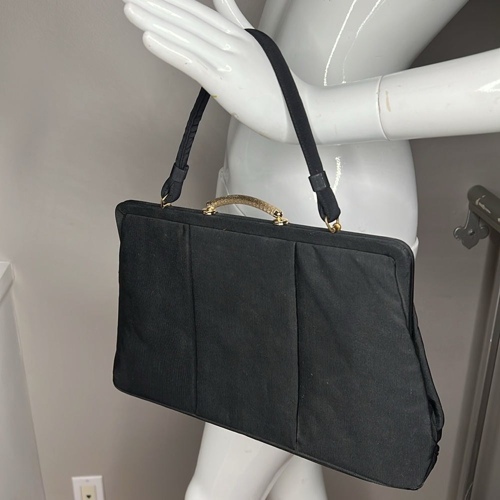 1960’s Black Large Structured Crepe Polyester Kisslock Handbag